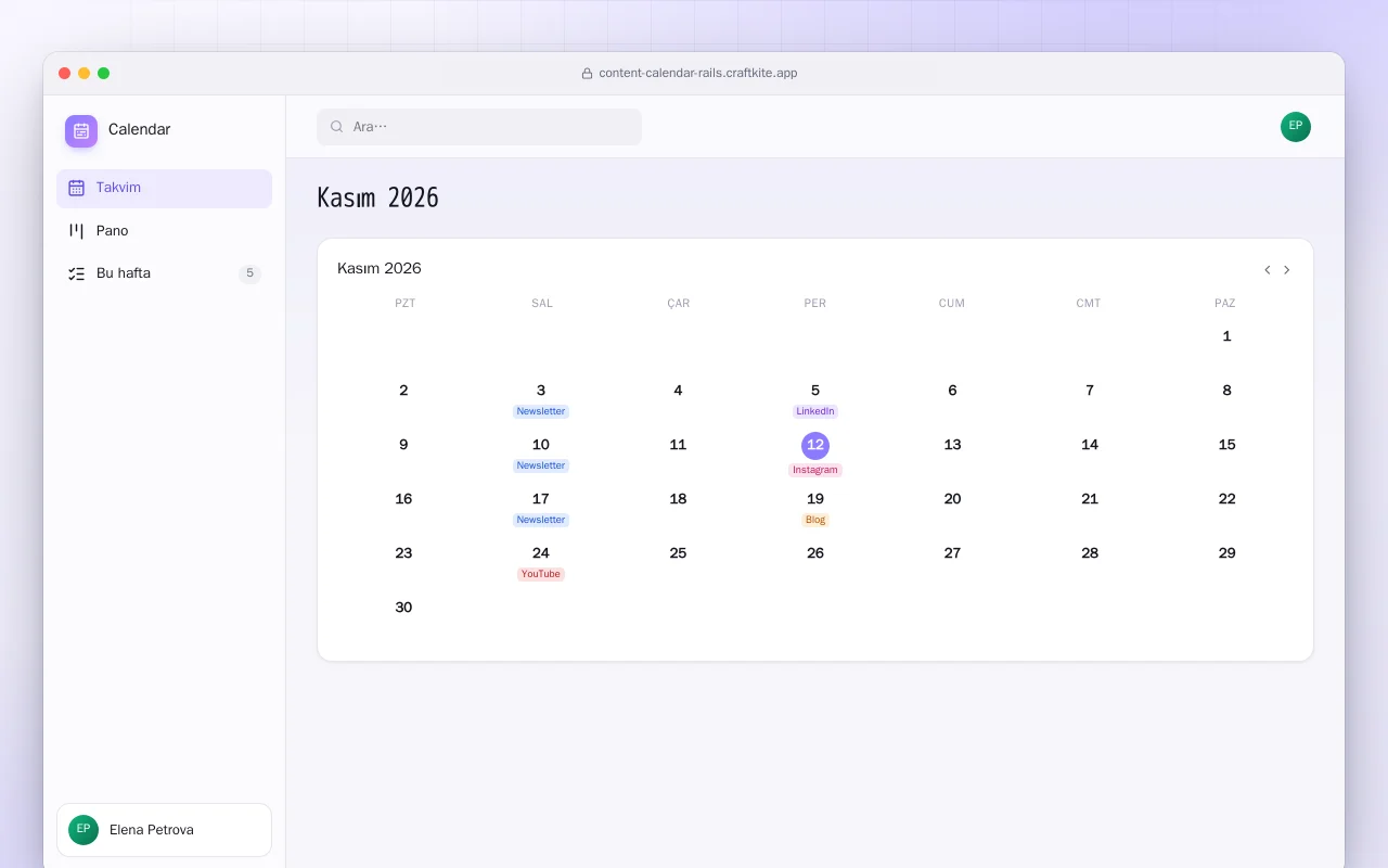 İçerik Takvimi (Rails): Kasım 2026 ekranı