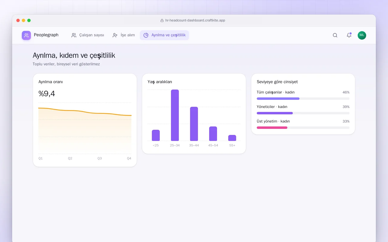 İK kadro panosu: Ayrılma, kıdem ve çeşitlilik ekranı