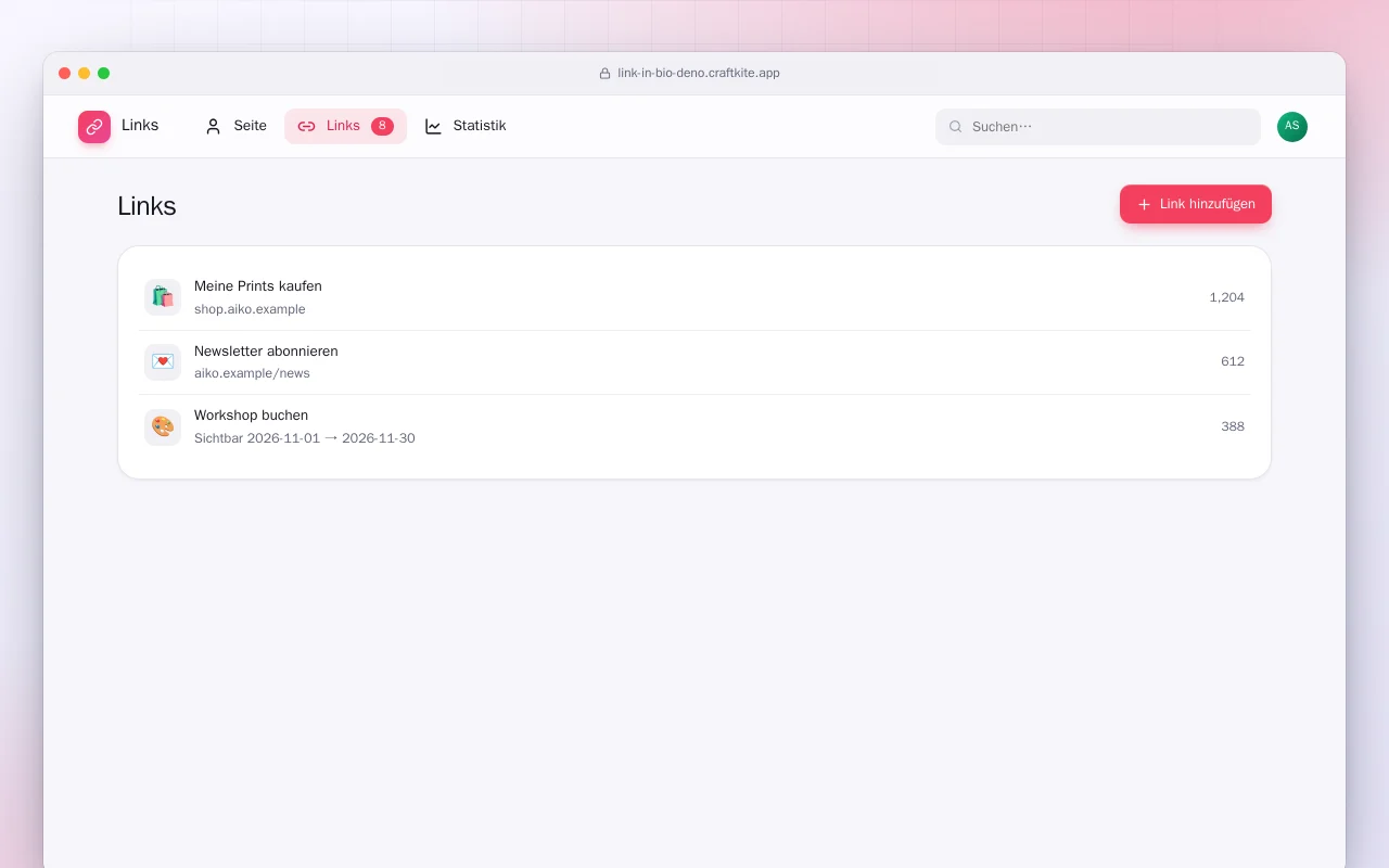 Link-Seite (Deno): der Bildschirm „Links“