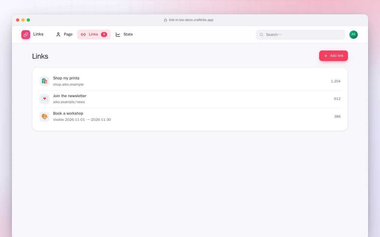 Link Page (Deno): the Links screen