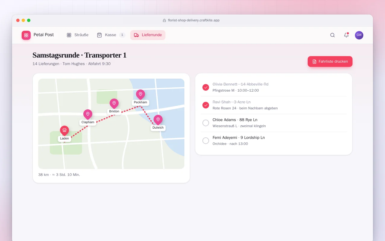 Blumenladen mit lokaler Lieferung: der Bildschirm „Samstagsrunde · Transporter 1“