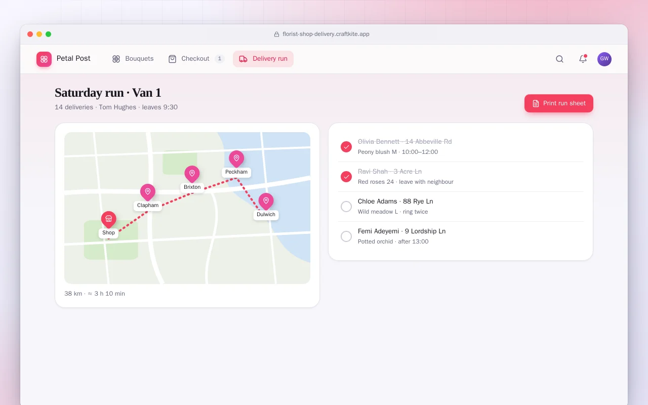 Florist shop with local delivery: the Saturday run · Van 1 screen