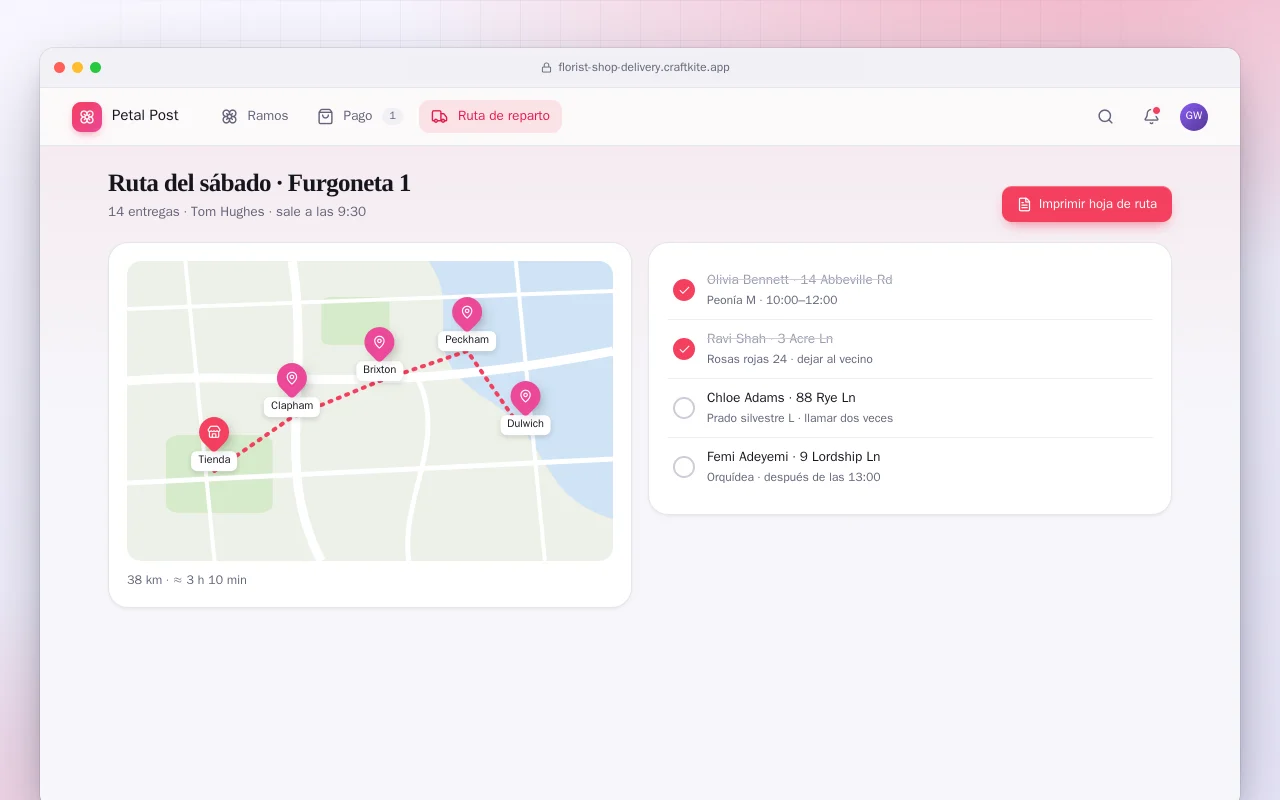 Floristería con reparto local: la pantalla Ruta del sábado · Furgoneta 1