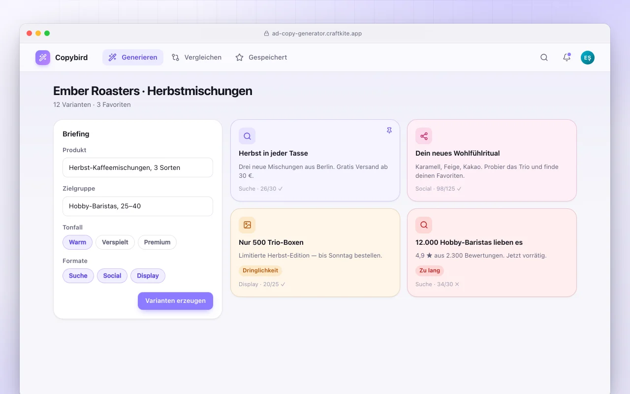 Werbetext-Generator: der Bildschirm „Ember Roasters · Herbstmischungen“