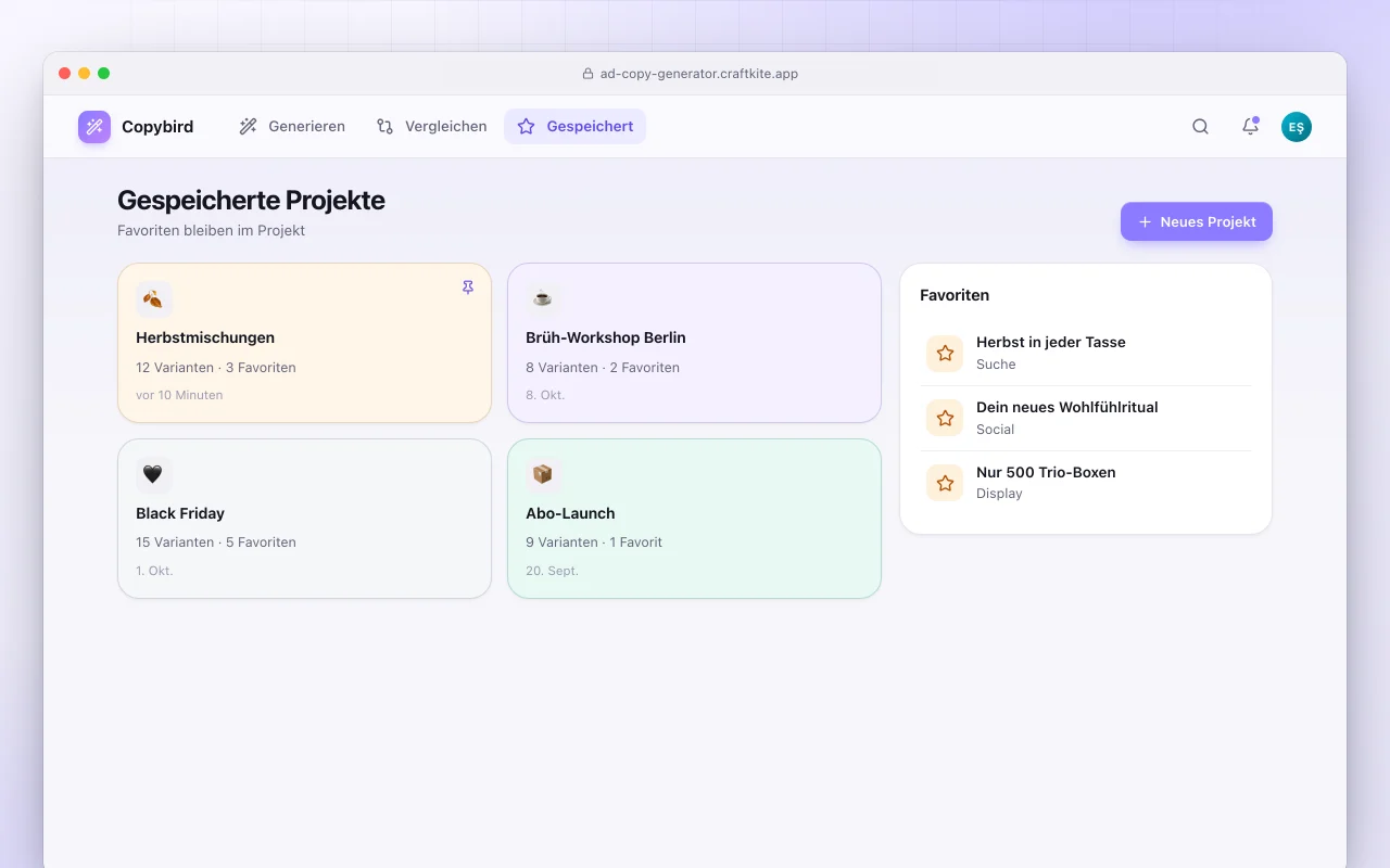 Werbetext-Generator: der Bildschirm „Gespeicherte Projekte“