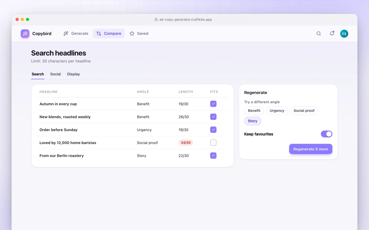 Ad copy generator: the Search headlines screen
