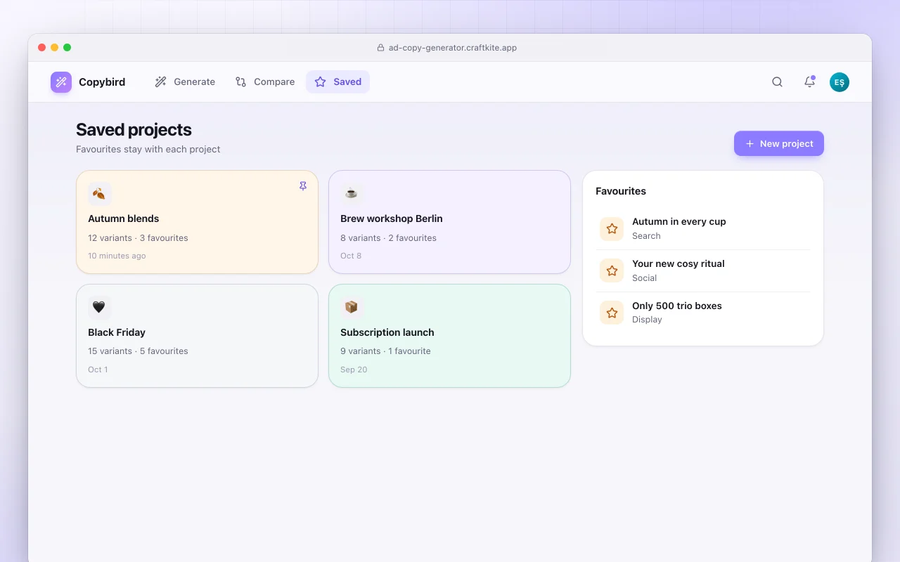 Ad copy generator: the Saved projects screen