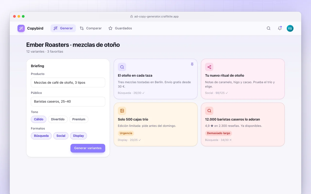 Generador de textos publicitarios: la pantalla Ember Roasters · mezclas de otoño