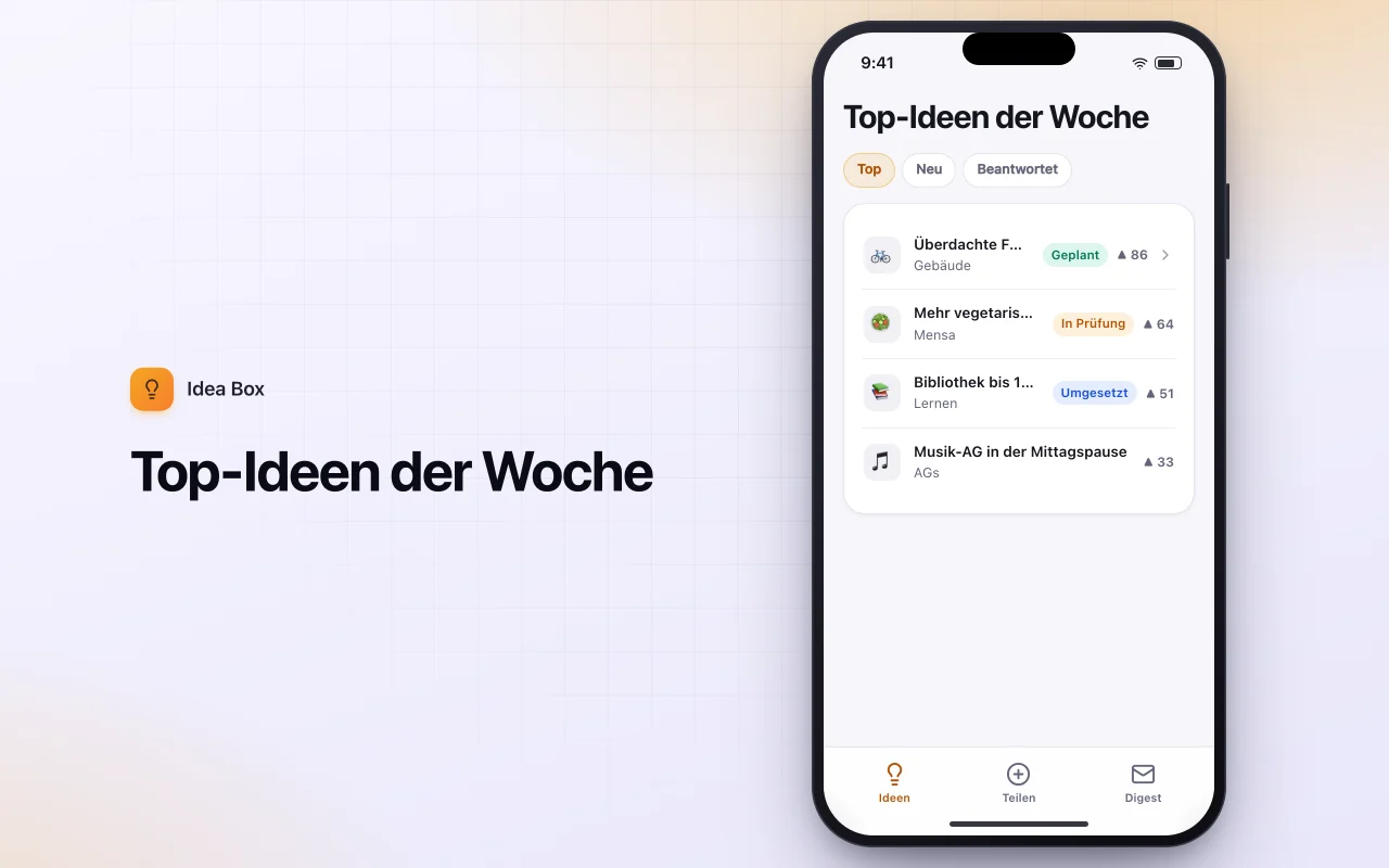 Anonymer Vorschlagskasten: der Bildschirm „Top-Ideen der Woche“
