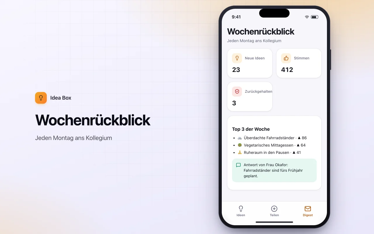 Anonymer Vorschlagskasten: der Bildschirm „Wochenrückblick“
