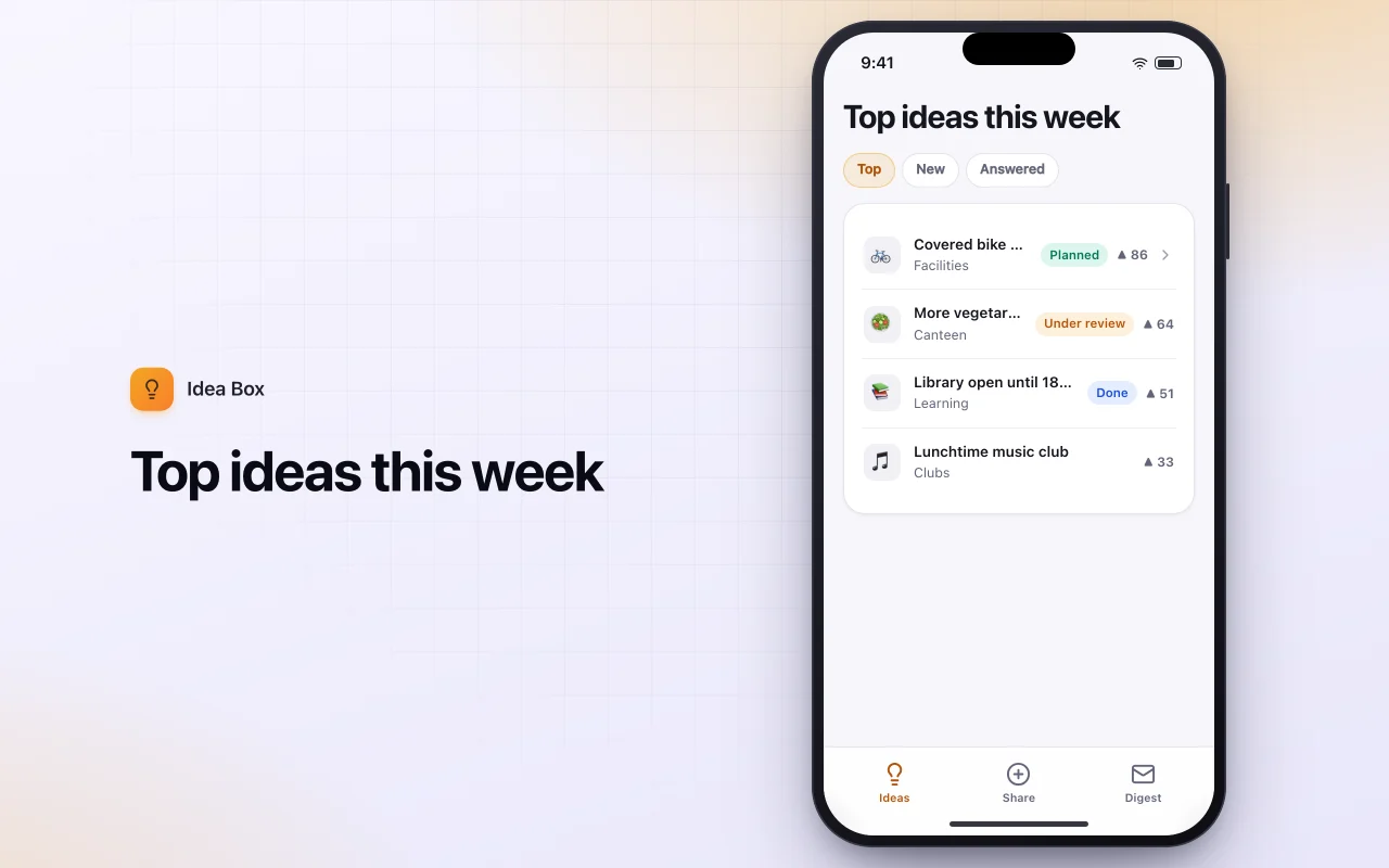 Anonymous suggestion box: the Top ideas this week screen