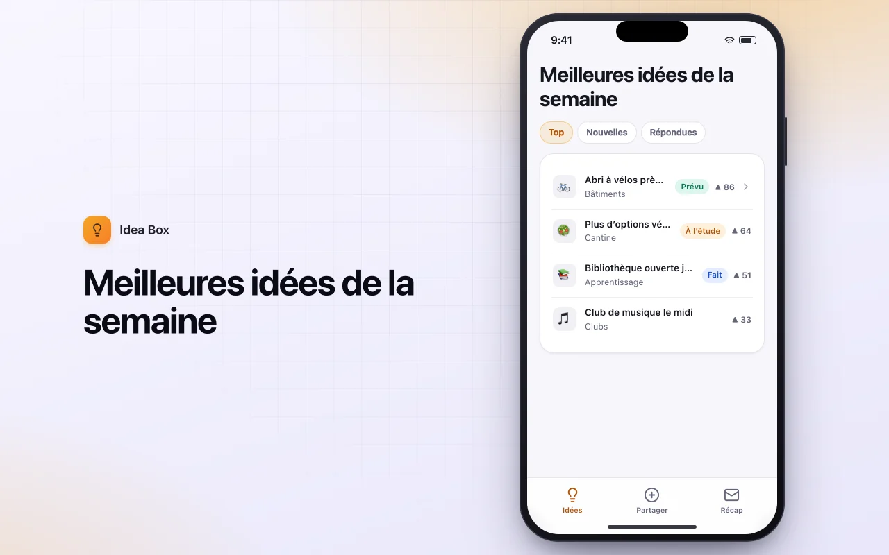 Boîte à idées anonyme : l’écran Meilleures idées de la semaine