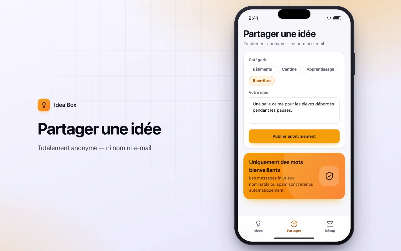 Boîte à idées anonyme : l’écran Partager une idée