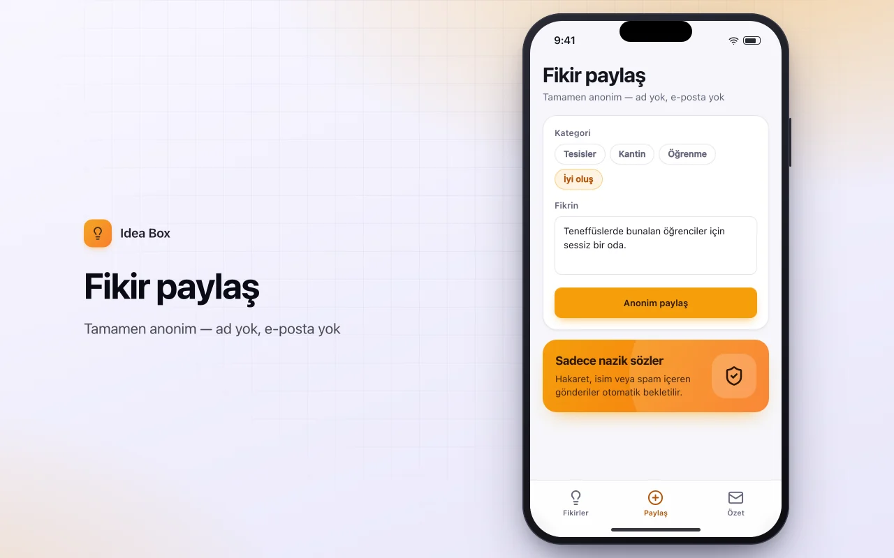 Anonim öneri kutusu: Fikir paylaş ekranı