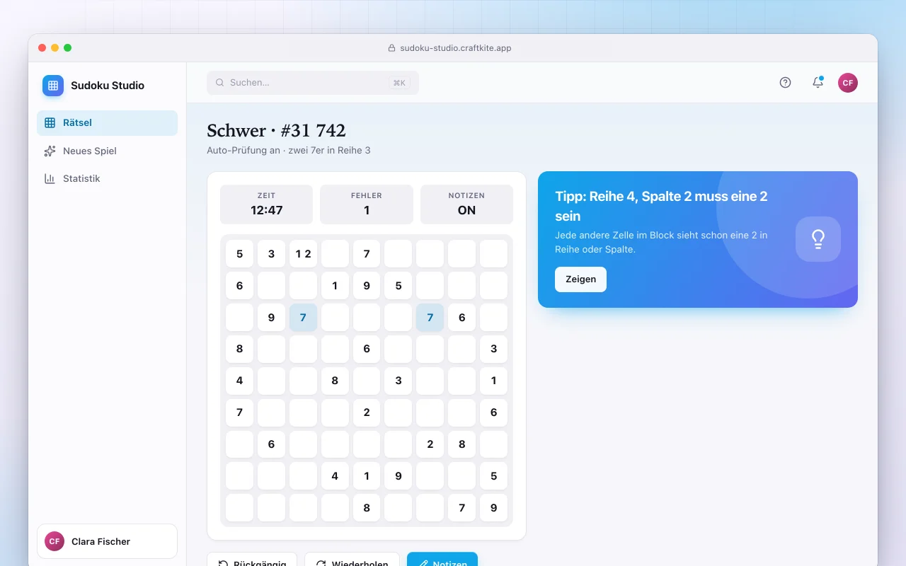 Sudoku-Studio: der Bildschirm „Schwer · #31 742“