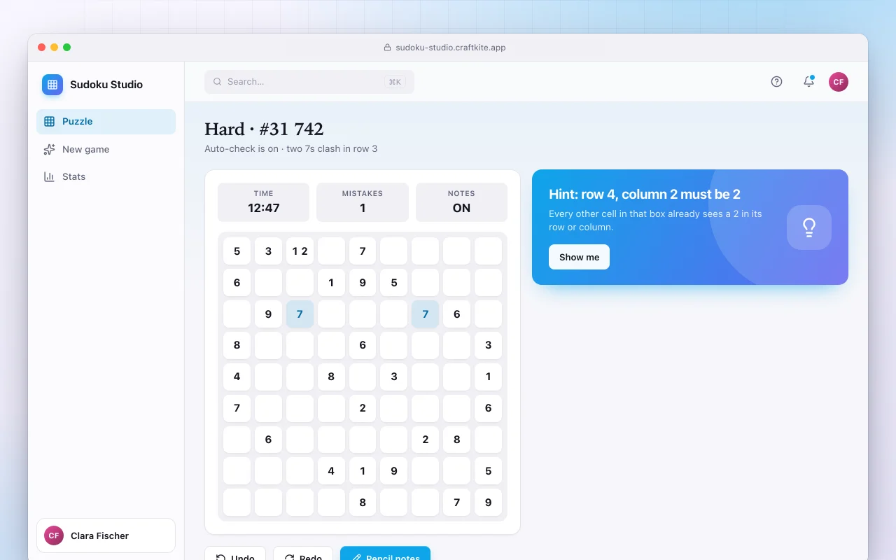 Sudoku studio: the Hard · #31 742 screen
