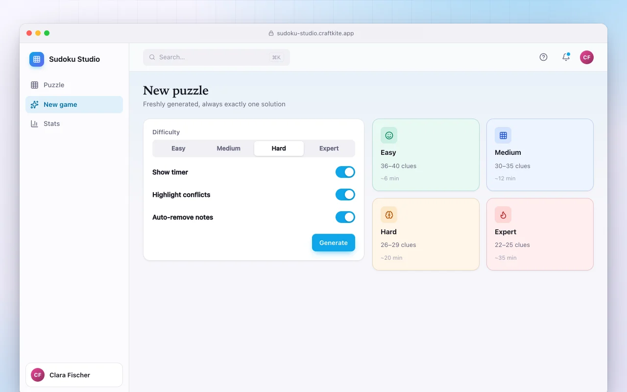 Sudoku studio: the New puzzle screen