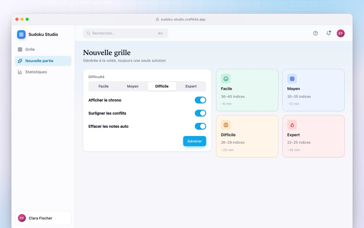 Studio de sudoku : l’écran Nouvelle grille