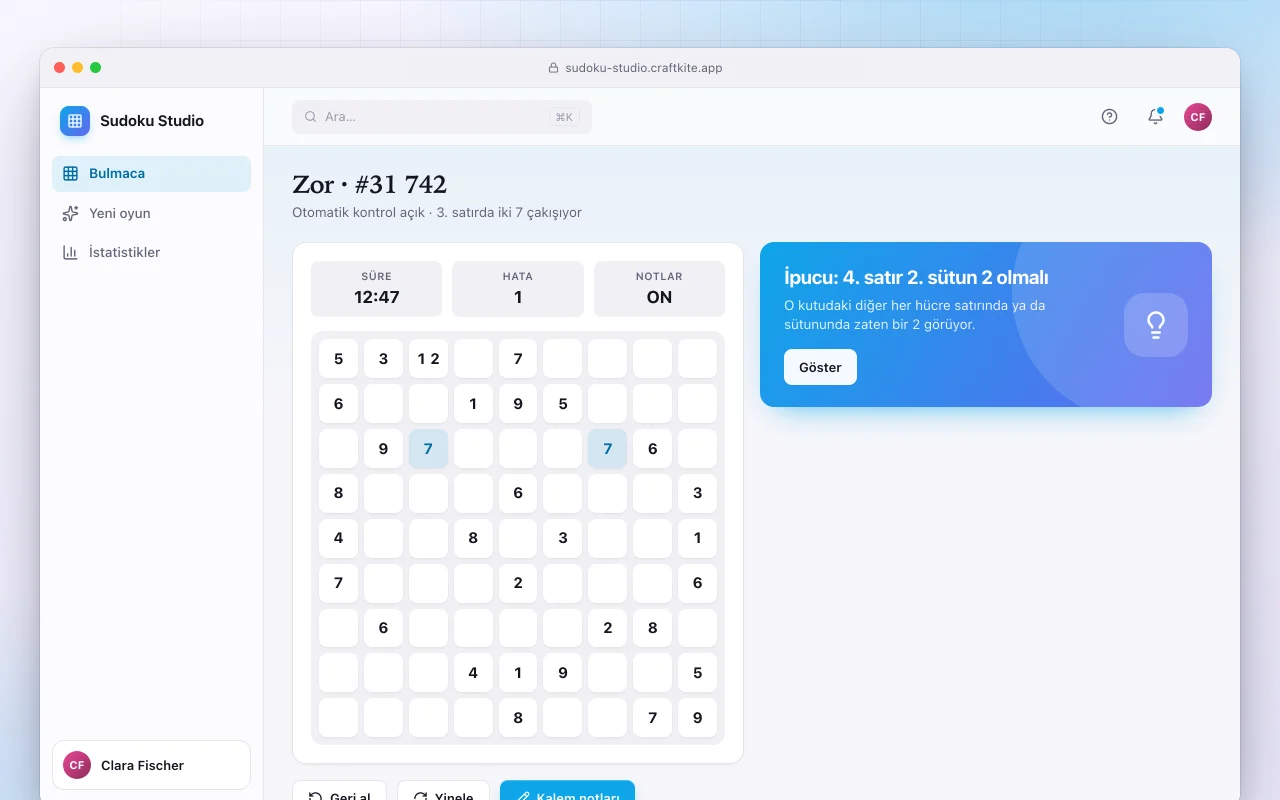Sudoku stüdyosu: Zor · #31 742 ekranı