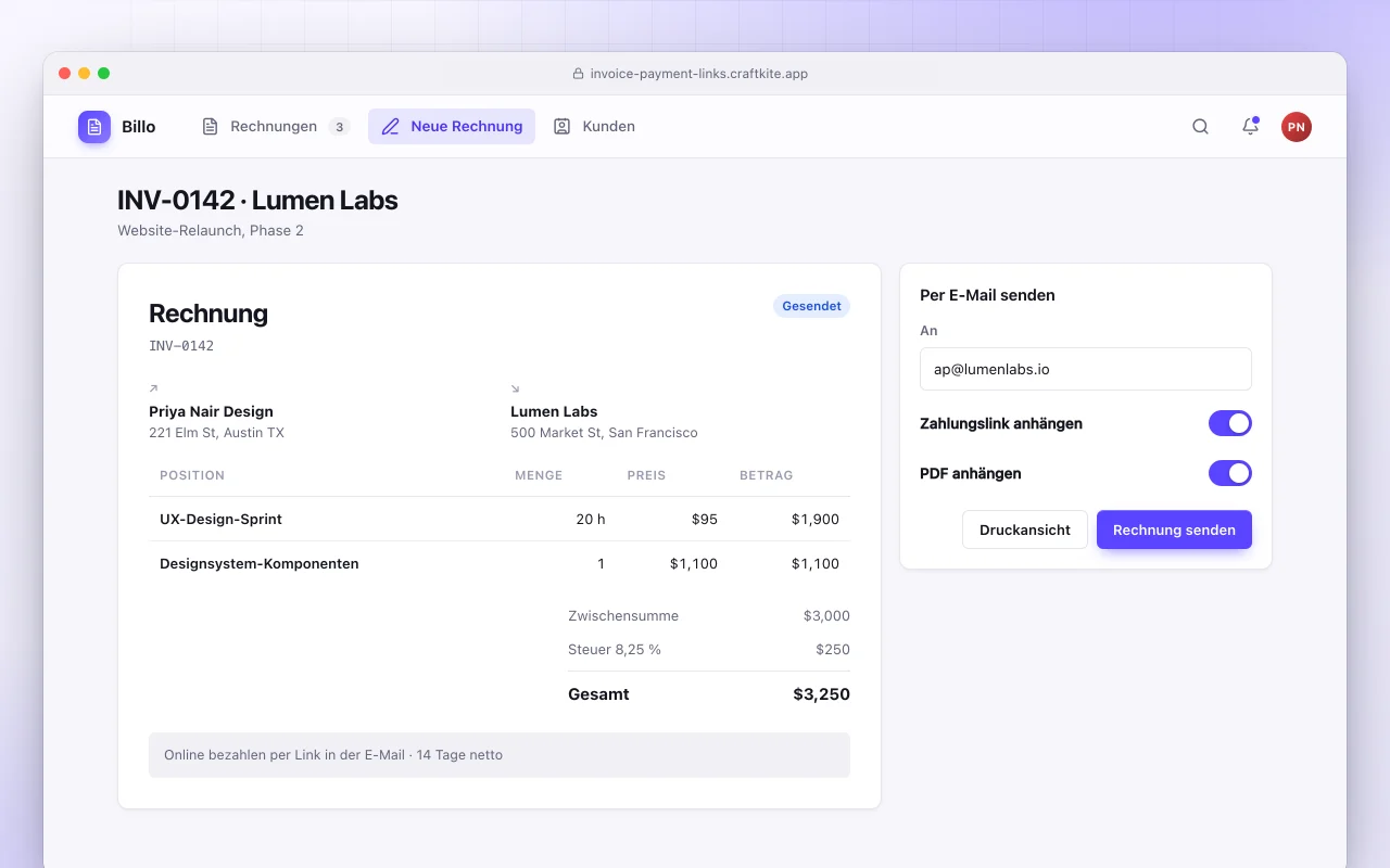 Rechnungsgenerator mit Zahlungslinks: der Bildschirm „INV-0142 · Lumen Labs“
