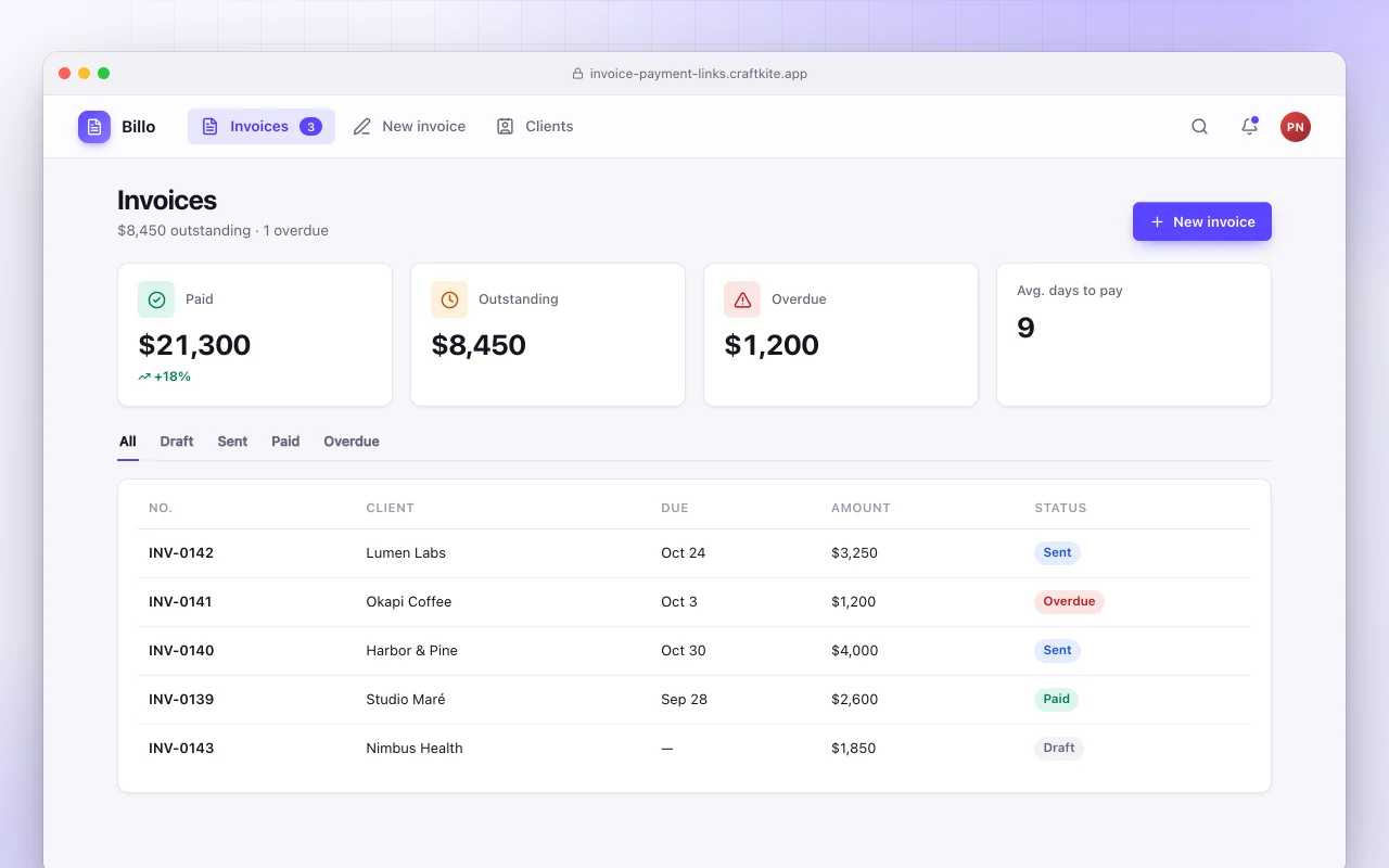 Invoice generator with payment links: the Invoices screen