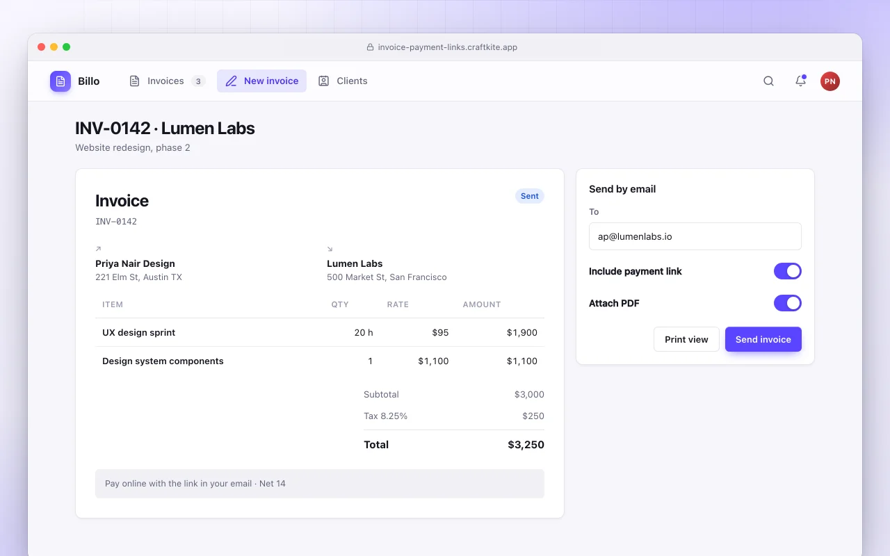 Invoice generator with payment links: the INV-0142 · Lumen Labs screen