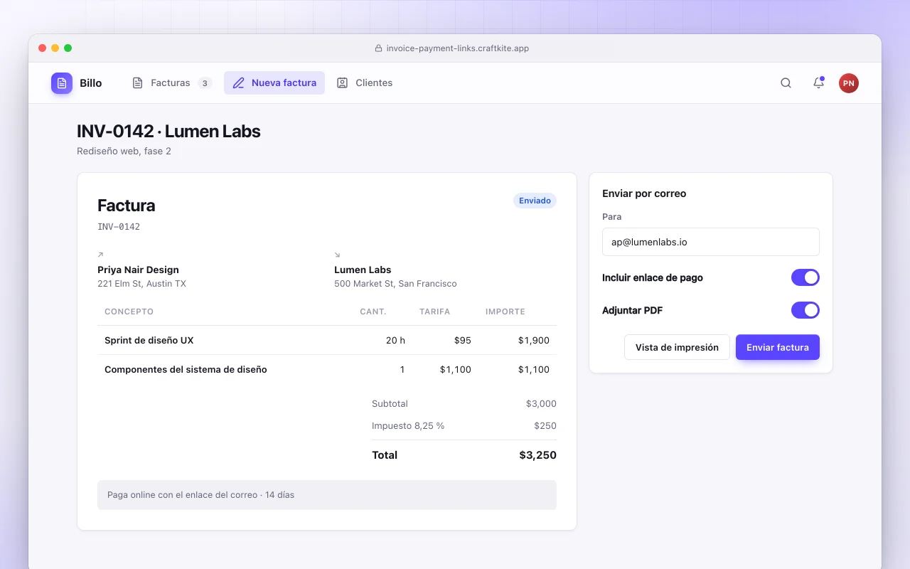 Generador de facturas con enlaces de pago: la pantalla INV-0142 · Lumen Labs