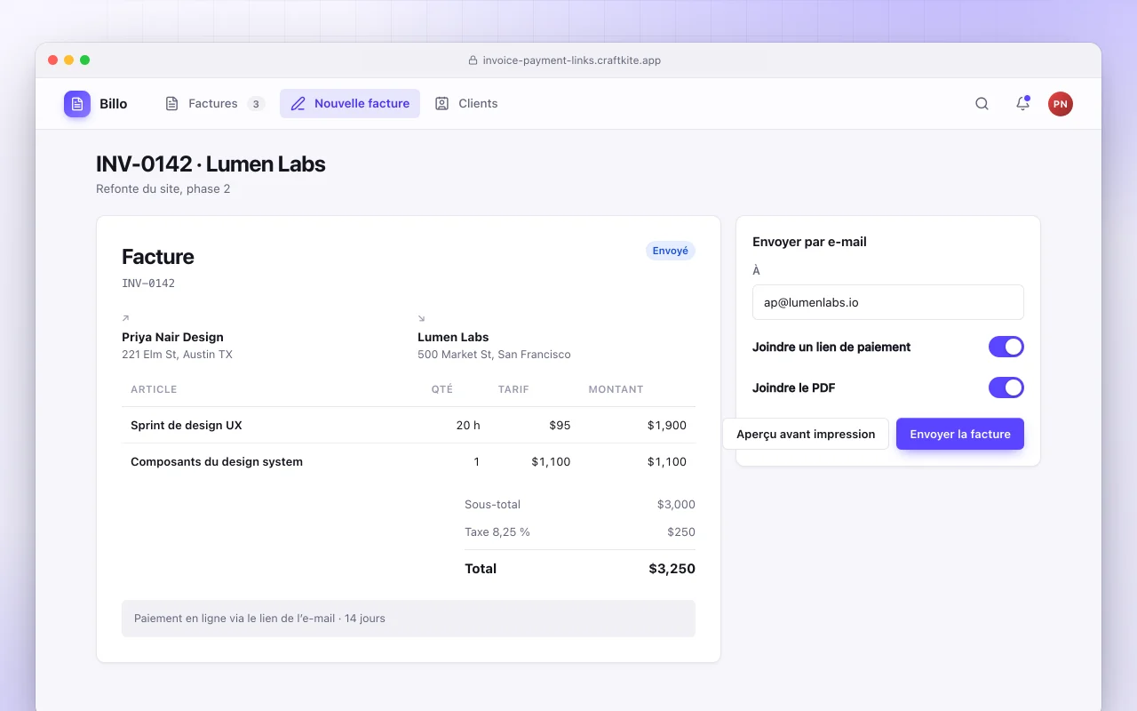 Générateur de factures avec liens de paiement : l’écran INV-0142 · Lumen Labs