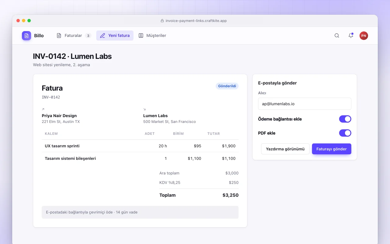 Ödeme bağlantılı fatura oluşturucu: INV-0142 · Lumen Labs ekranı
