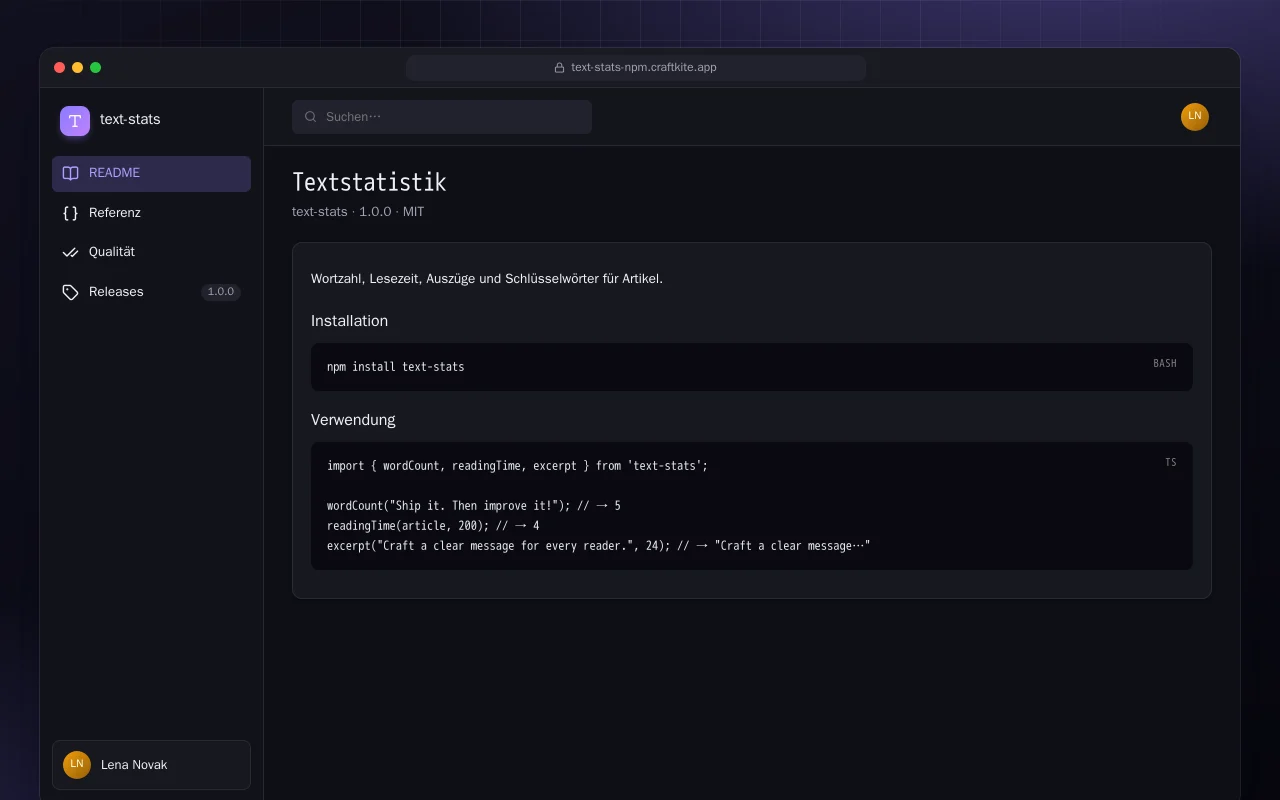 Textstatistik (TypeScript): der Bildschirm „Textstatistik“
