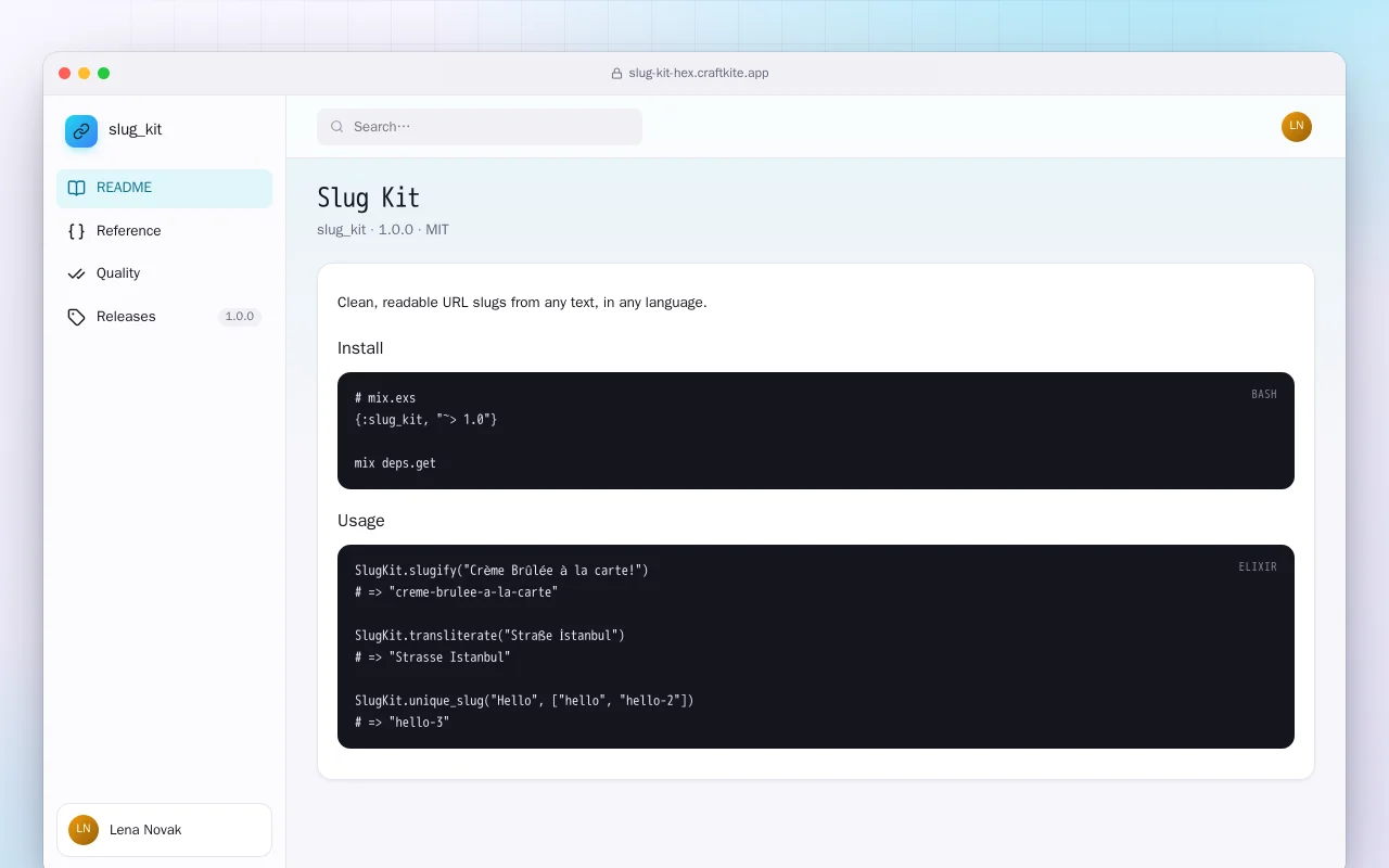 Slug Kit (Elixir): the Slug Kit screen
