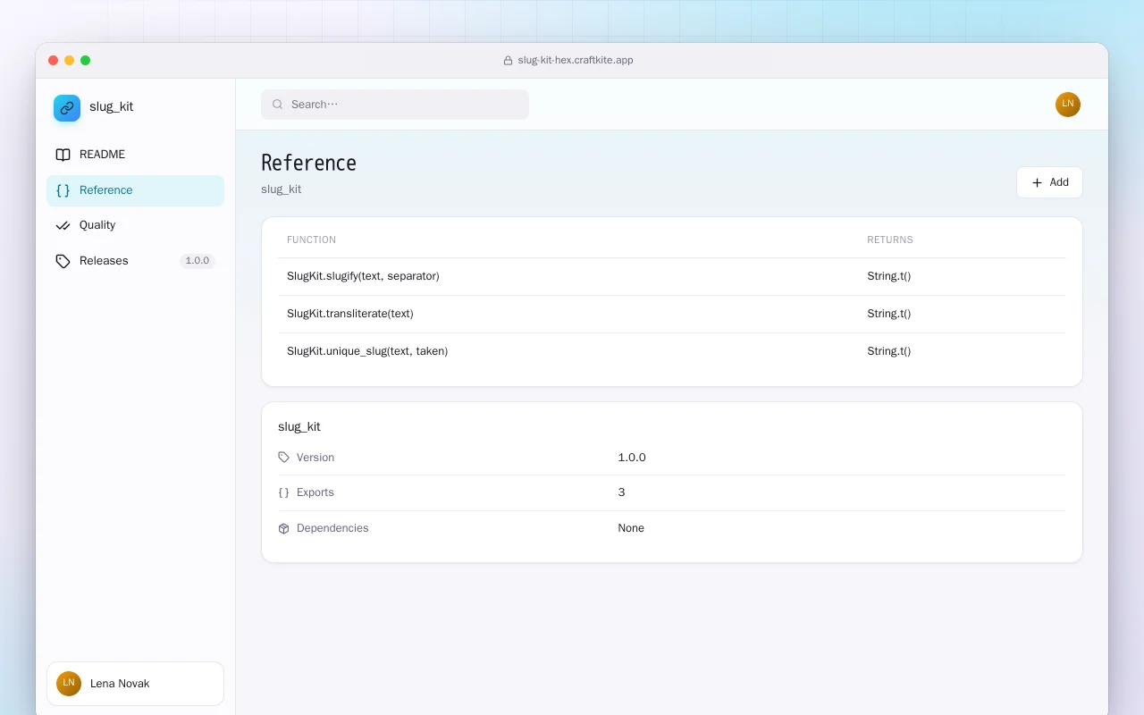 Slug Kit (Elixir): the Reference screen
