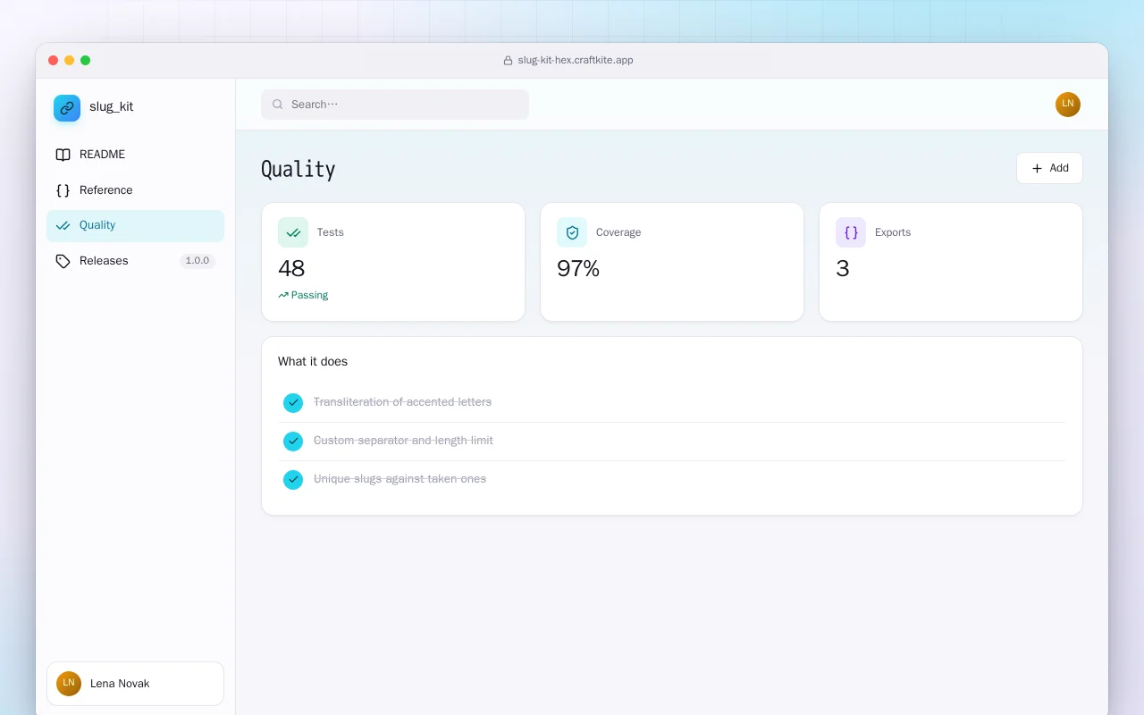 Slug Kit (Elixir): the Quality screen