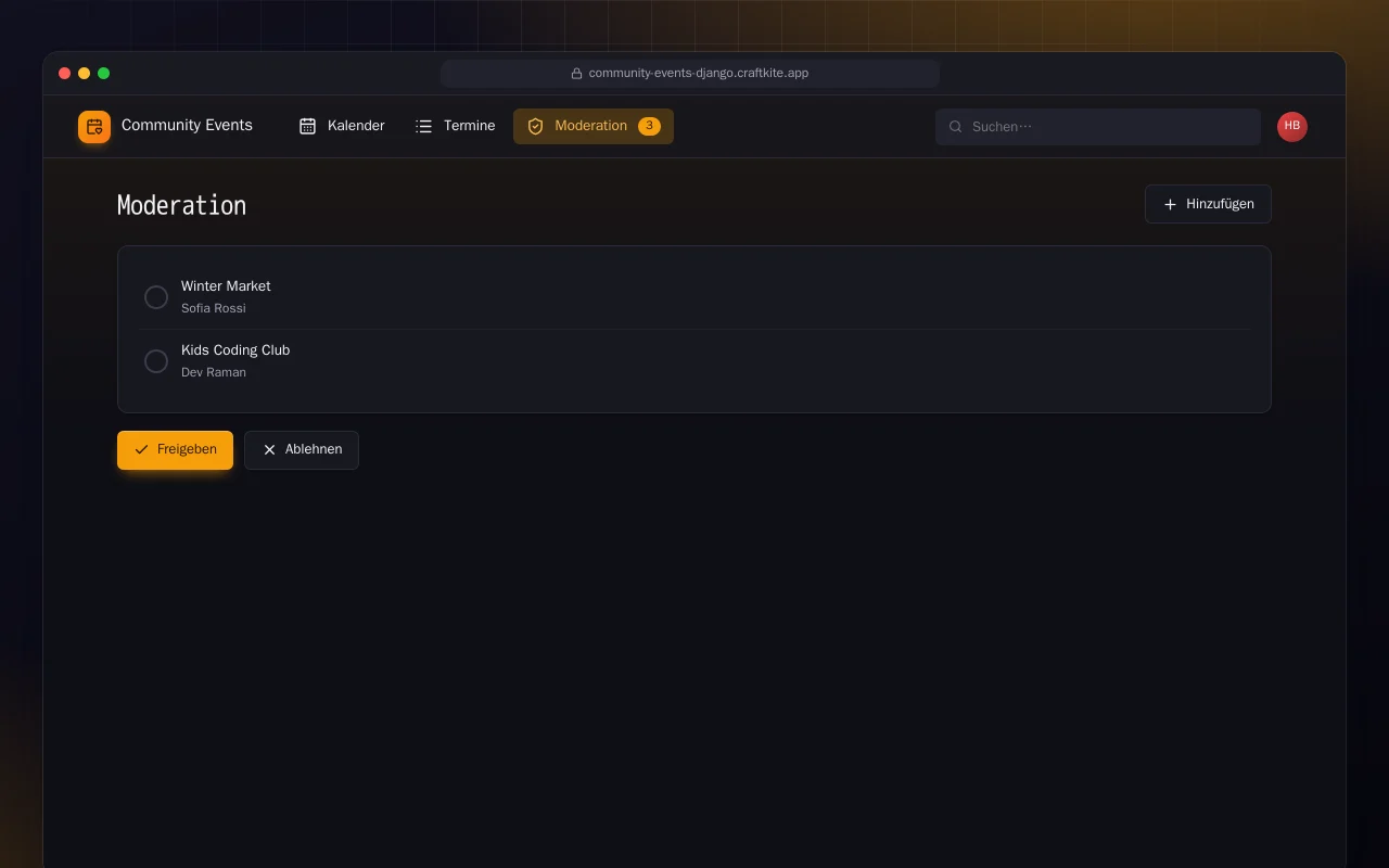 Community-Veranstaltungen (Django): der Bildschirm „Moderation“