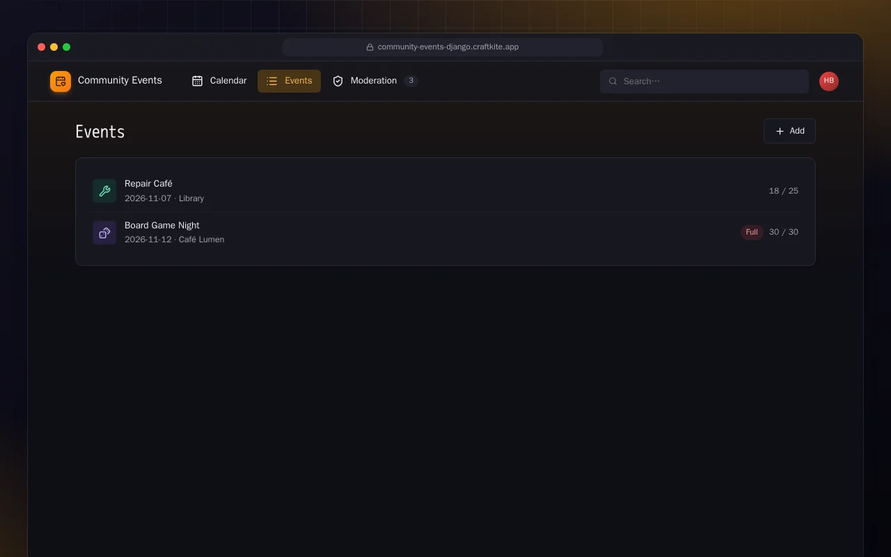 Community Events Board (Django): the Events screen