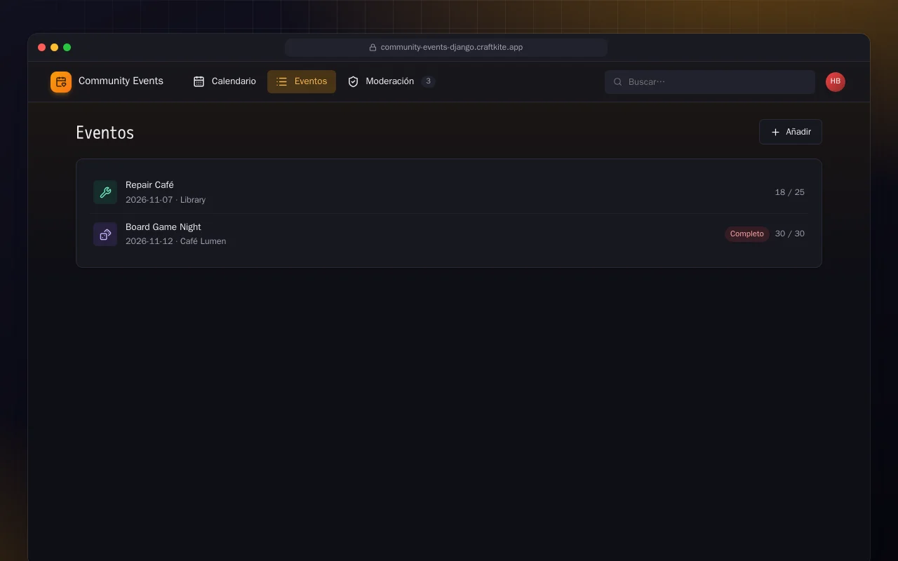 Tablón de eventos de la comunidad (Django): la pantalla Eventos