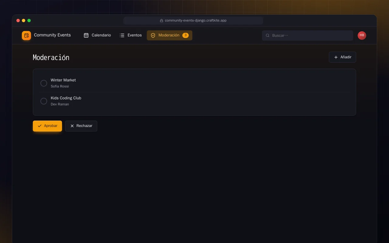 Tablón de eventos de la comunidad (Django): la pantalla Moderación