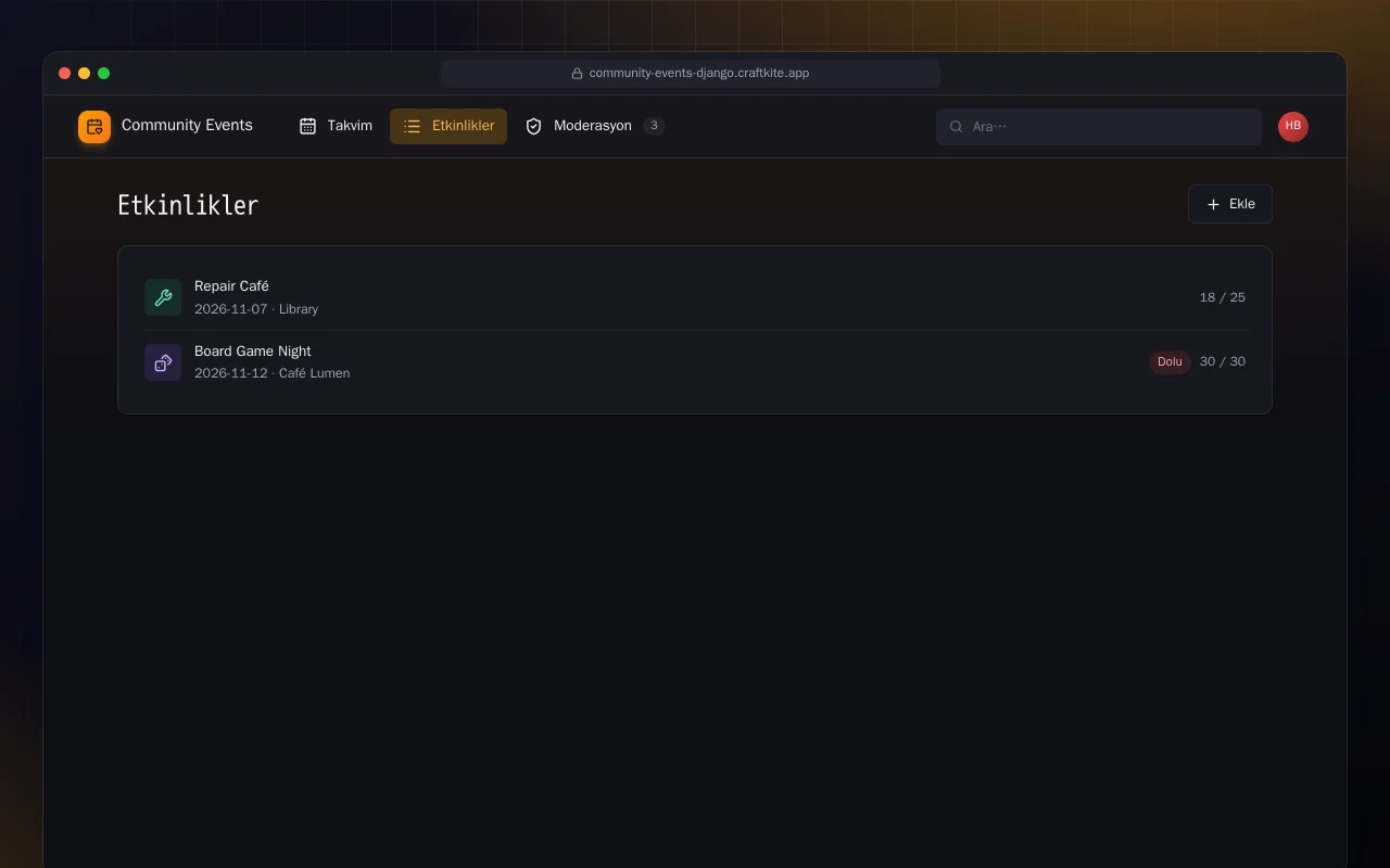 Topluluk Etkinlik Panosu (Django): Etkinlikler ekranı