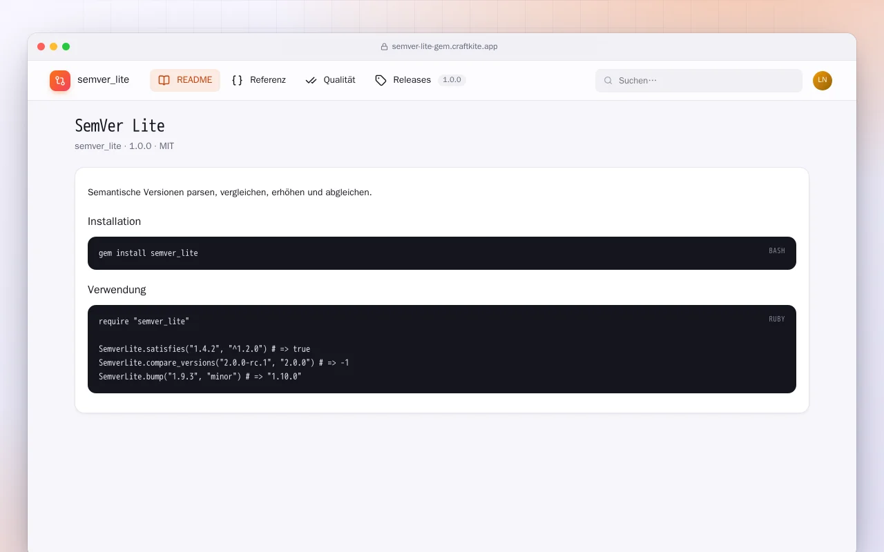 SemVer Lite (Ruby): der Bildschirm „SemVer Lite“