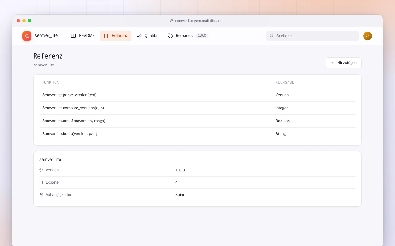 SemVer Lite (Ruby): der Bildschirm „Referenz“