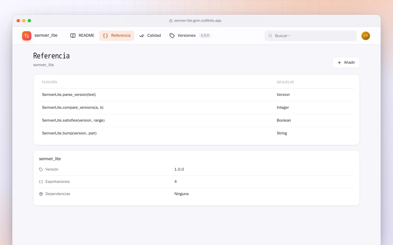 SemVer Lite (Ruby): la pantalla Referencia