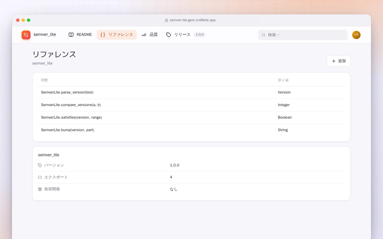 SemVer Lite（Ruby）：リファレンス画面
