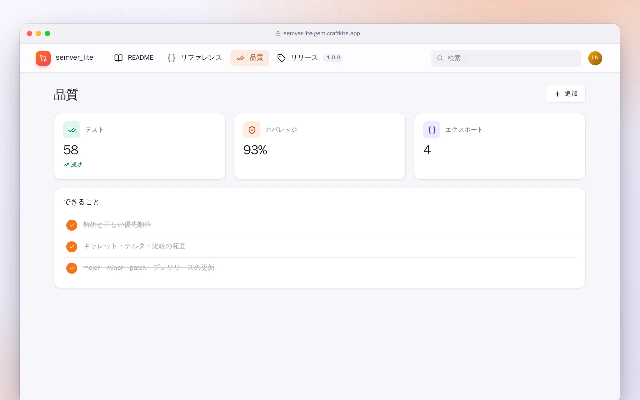 SemVer Lite（Ruby）：品質画面