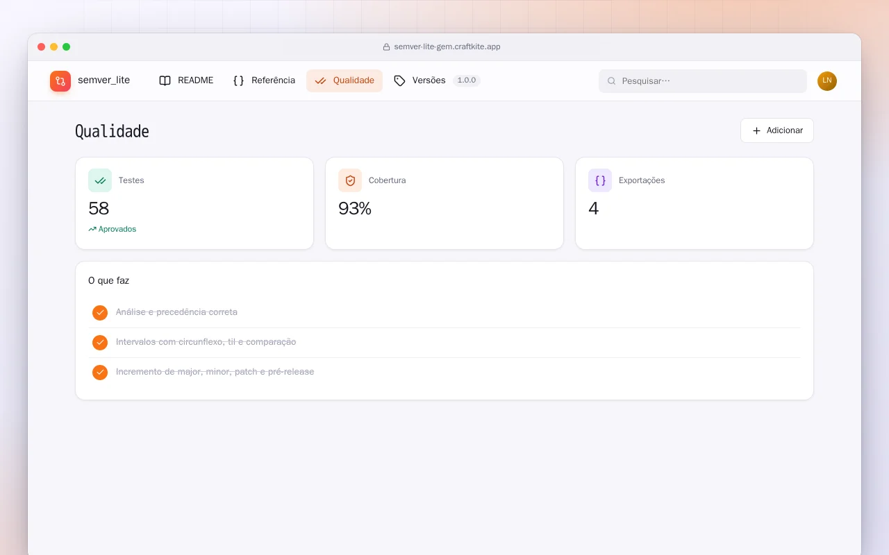 SemVer Lite (Ruby): a tela Qualidade