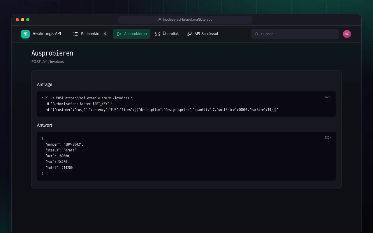 Rechnungs-API (Laravel): der Bildschirm „Ausprobieren“