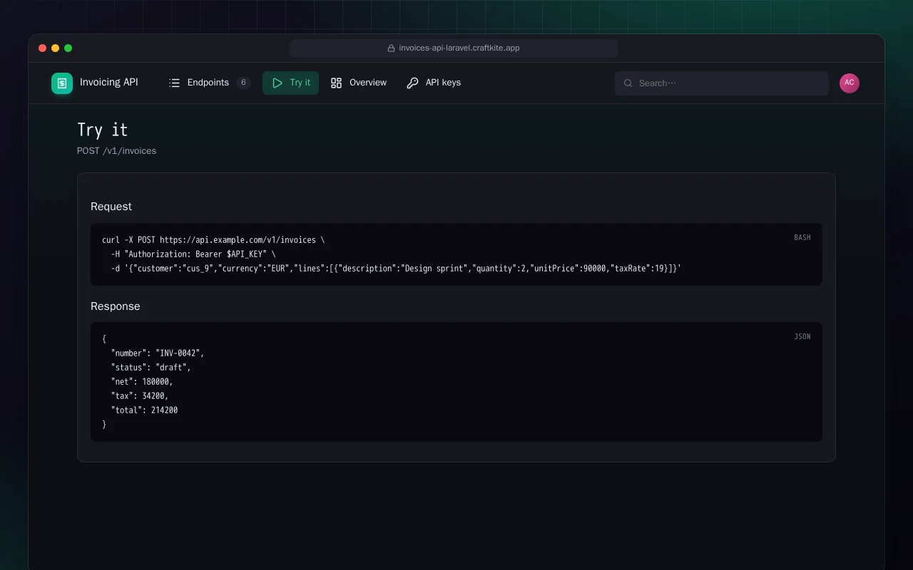 Invoicing API (Laravel): the Try it screen