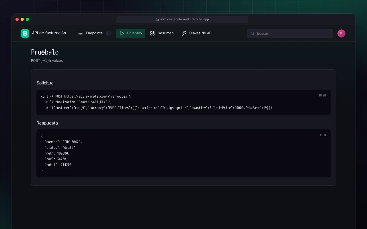 API de facturación (Laravel): la pantalla Pruébalo
