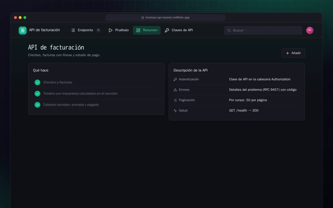 API de facturación (Laravel): la pantalla API de facturación