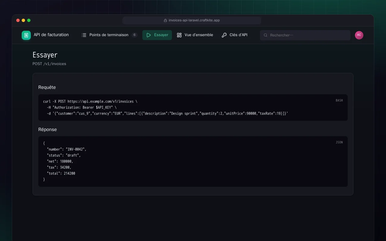 API de facturation (Laravel) : l’écran Essayer