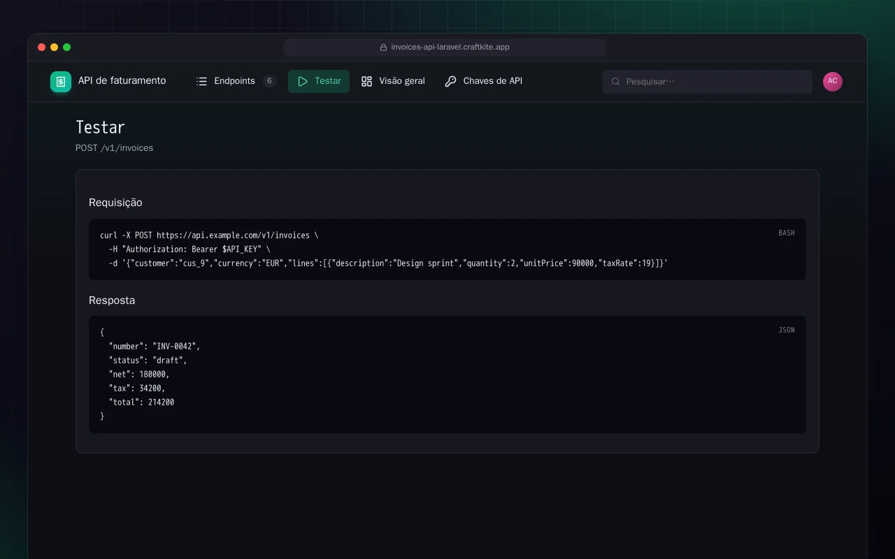 API de faturamento (Laravel): a tela Testar